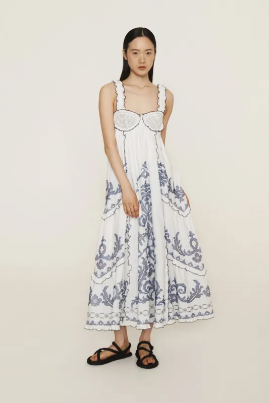HAZEL SMOCKED EMBROIDERED MIDI DRESS sold by Alemais