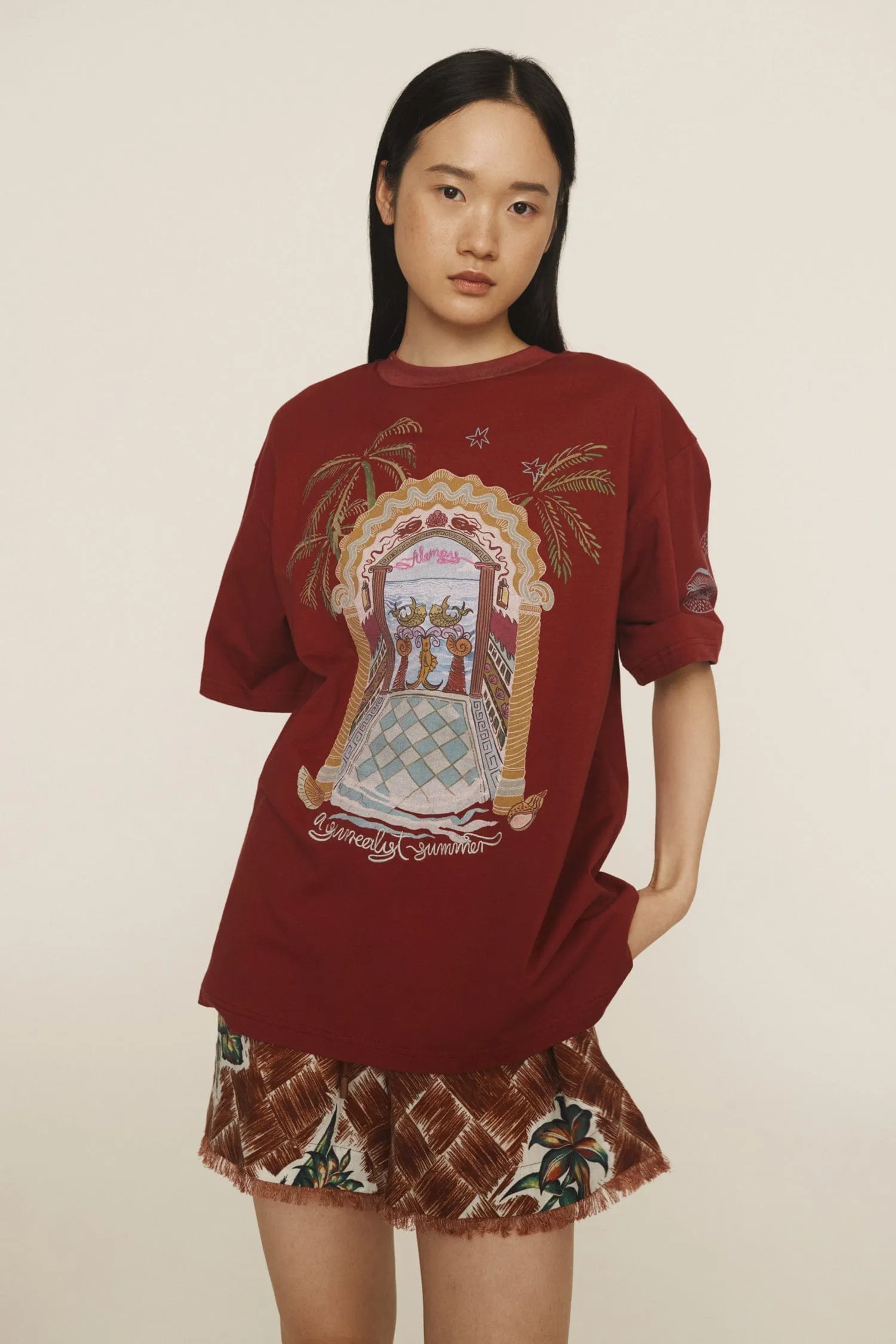 SURREALIST SUMMER BURGUNDY TEE sold by Alemais