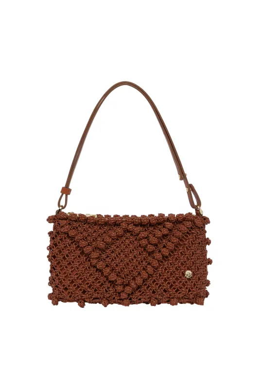 LEATHER MACRAME CLUTCH RUST made by Alemais