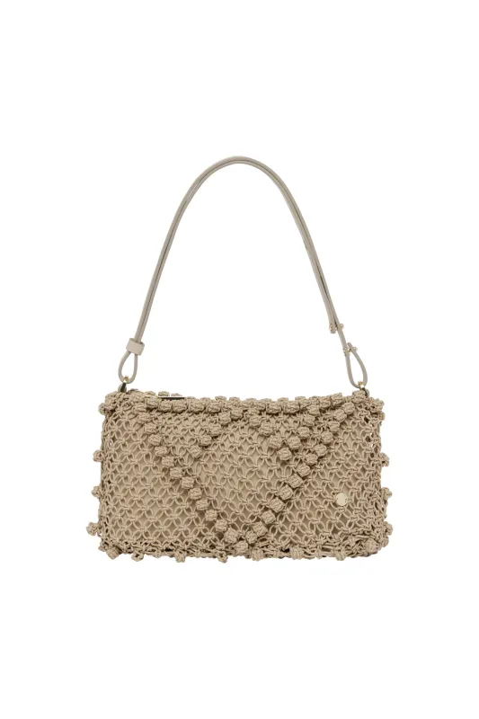 LEATHER MACRAME CLUTCH TAUPE made by Alemais