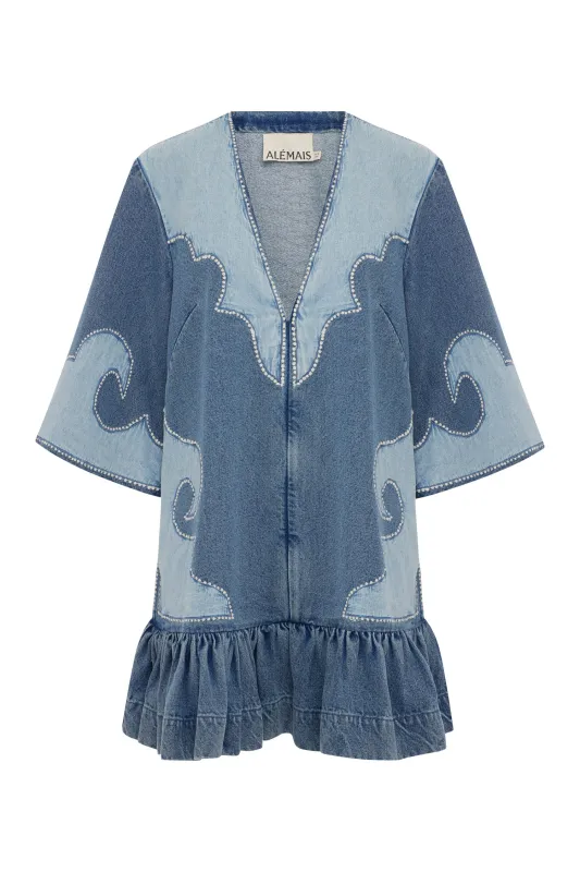 JESSE DENIM APPLIQUE MINI DRESS made by Alemais