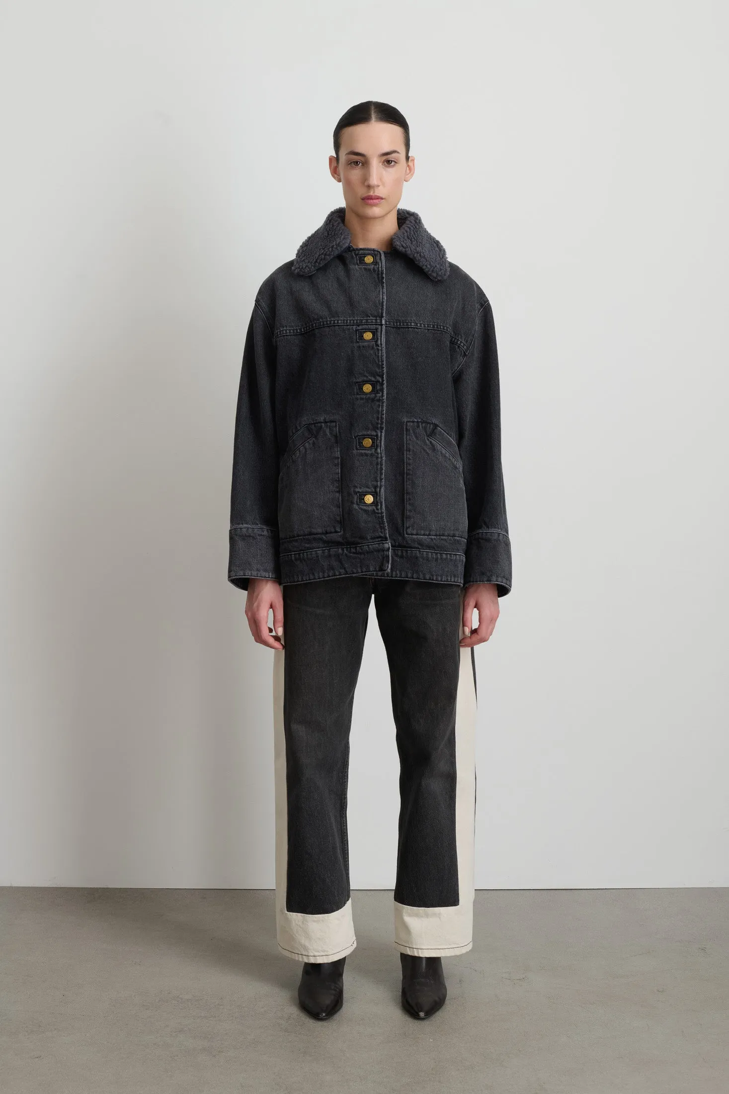 Stadium Jacket Stil Black / Grey Blue Sherpa Collar sold by B Sides Jeans