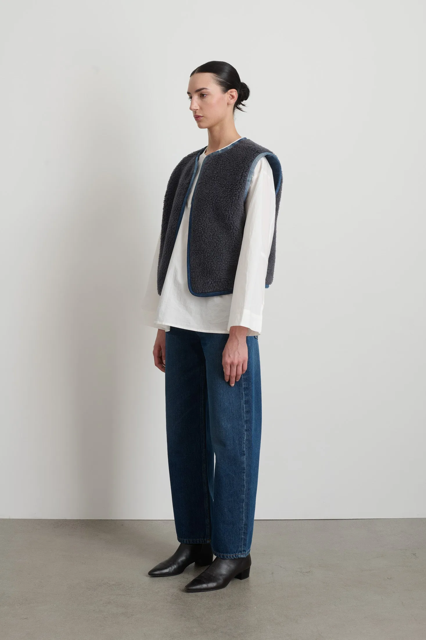 Reversible Reworked Vintage Denim and Sherpa Vest Grey Blue Sherpa sold by B Sides Jeans product image thumbnail 2