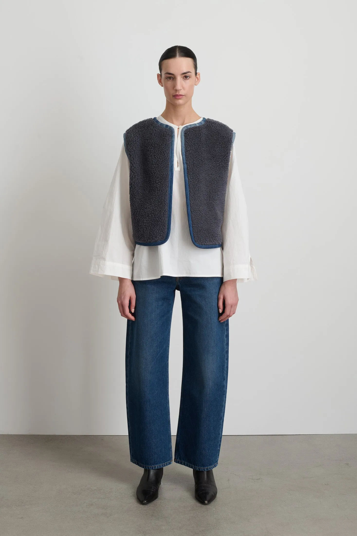 Reversible Reworked Vintage Denim and Sherpa Vest Grey Blue Sherpa sold by B Sides Jeans