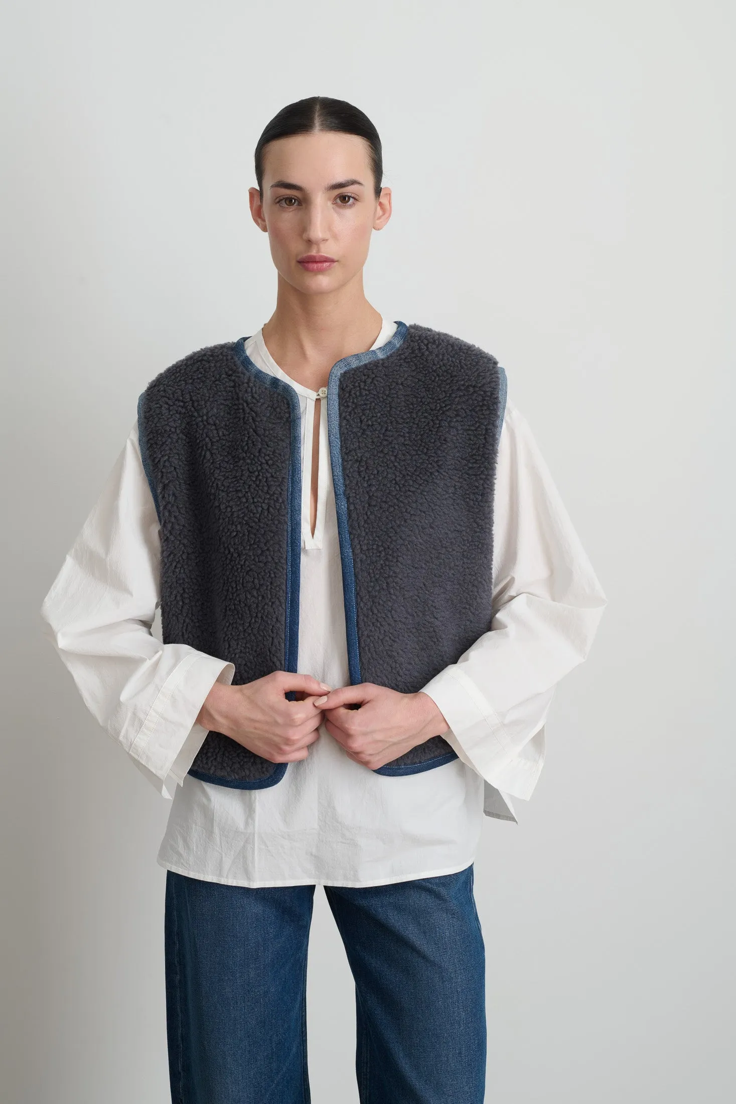 Reversible Reworked Vintage Denim and Sherpa Vest Grey Blue Sherpa sold by B Sides Jeans product image thumbnail 5