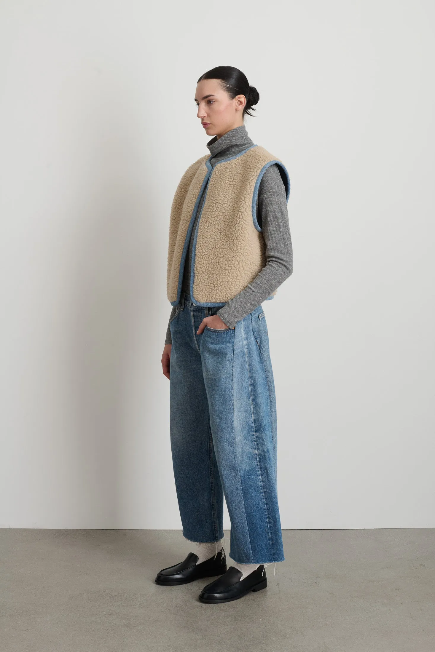 Reversible Reworked Vintage Denim and Sherpa Vest Oatmeal Sherpa sold by B Sides Jeans product image thumbnail 2
