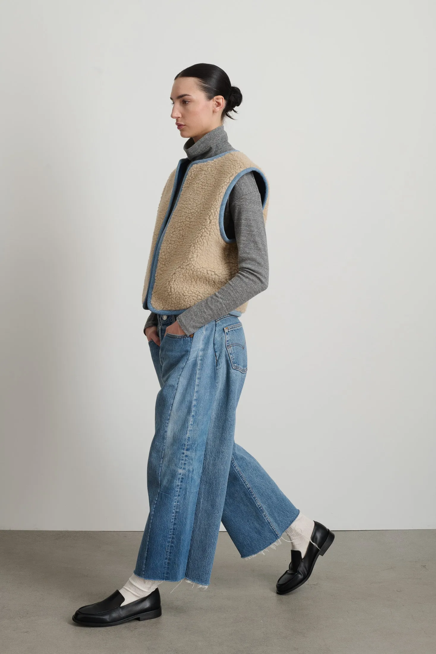 Reversible Reworked Vintage Denim and Sherpa Vest Oatmeal Sherpa sold by B Sides Jeans product image thumbnail 4