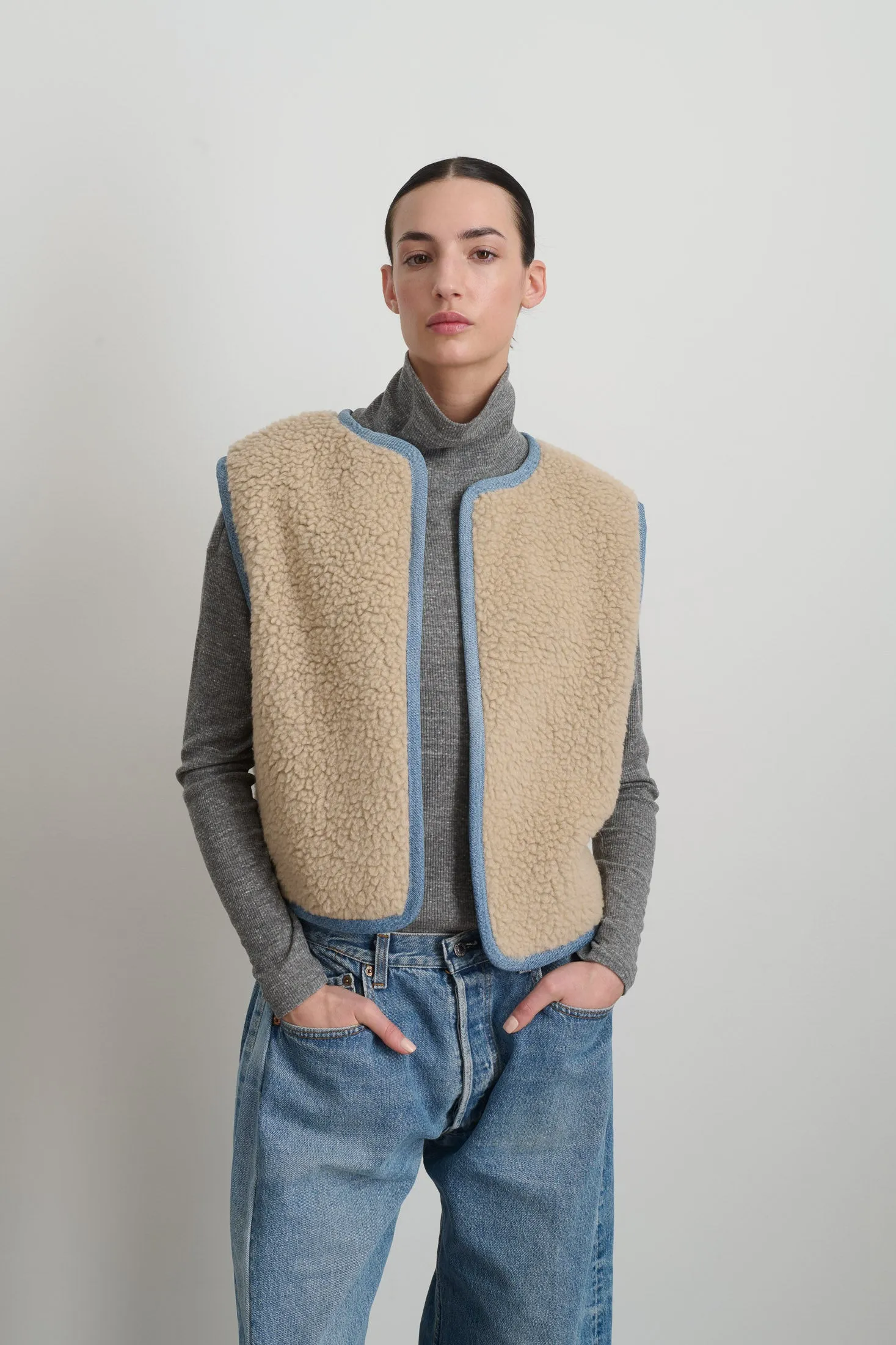 Reversible Reworked Vintage Denim and Sherpa Vest Oatmeal Sherpa sold by B Sides Jeans product image thumbnail 5