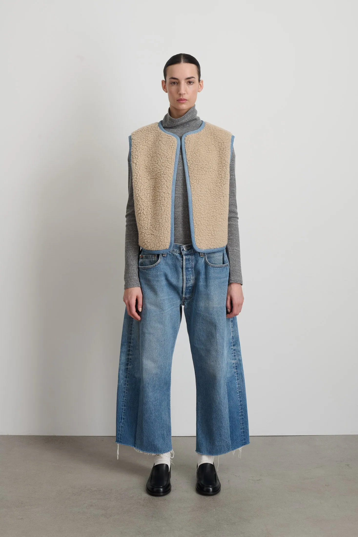 Reversible Reworked Vintage Denim and Sherpa Vest Oatmeal Sherpa sold by B Sides Jeans