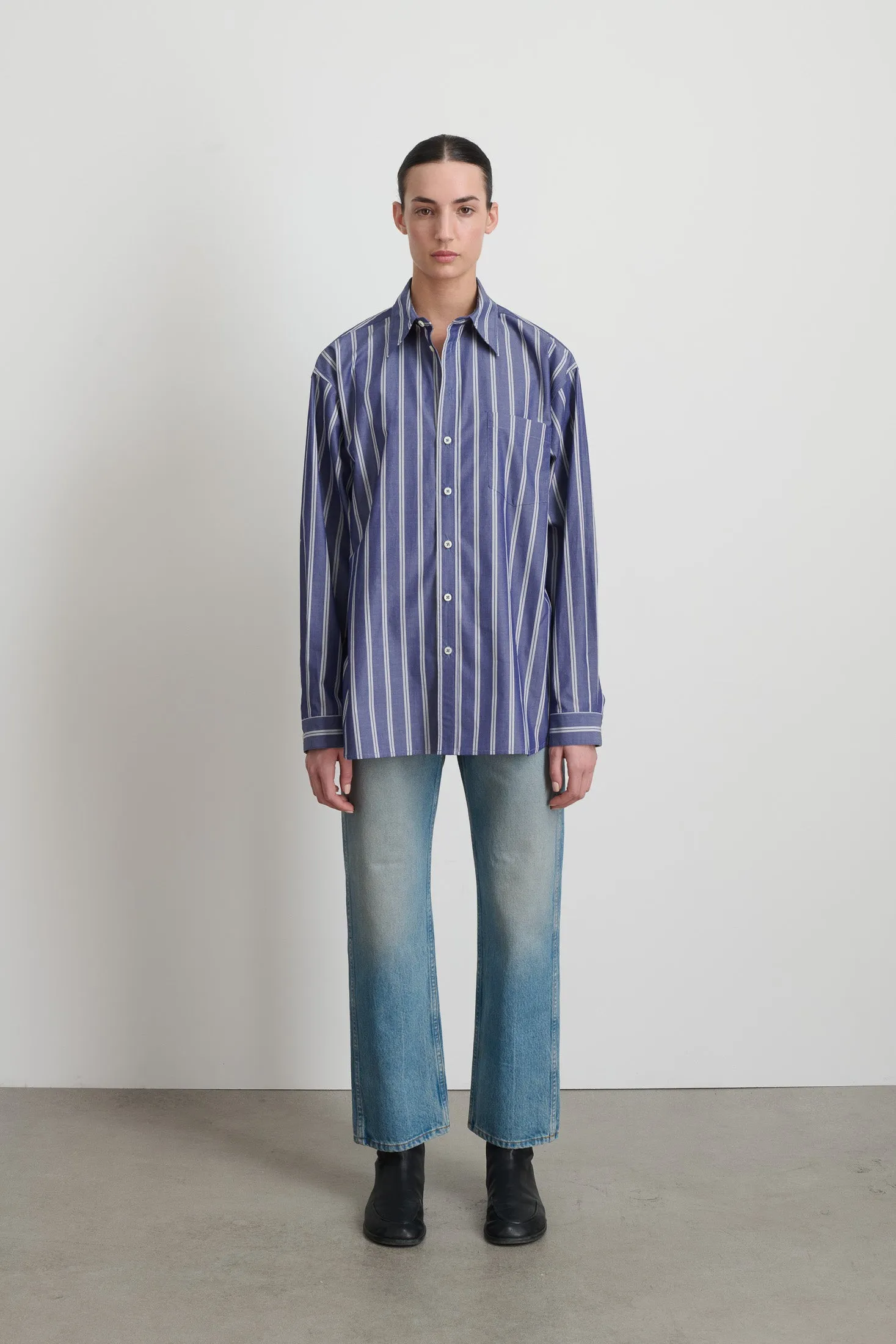 Nolan Shirt Indigo White Stripe sold by B Sides Jeans