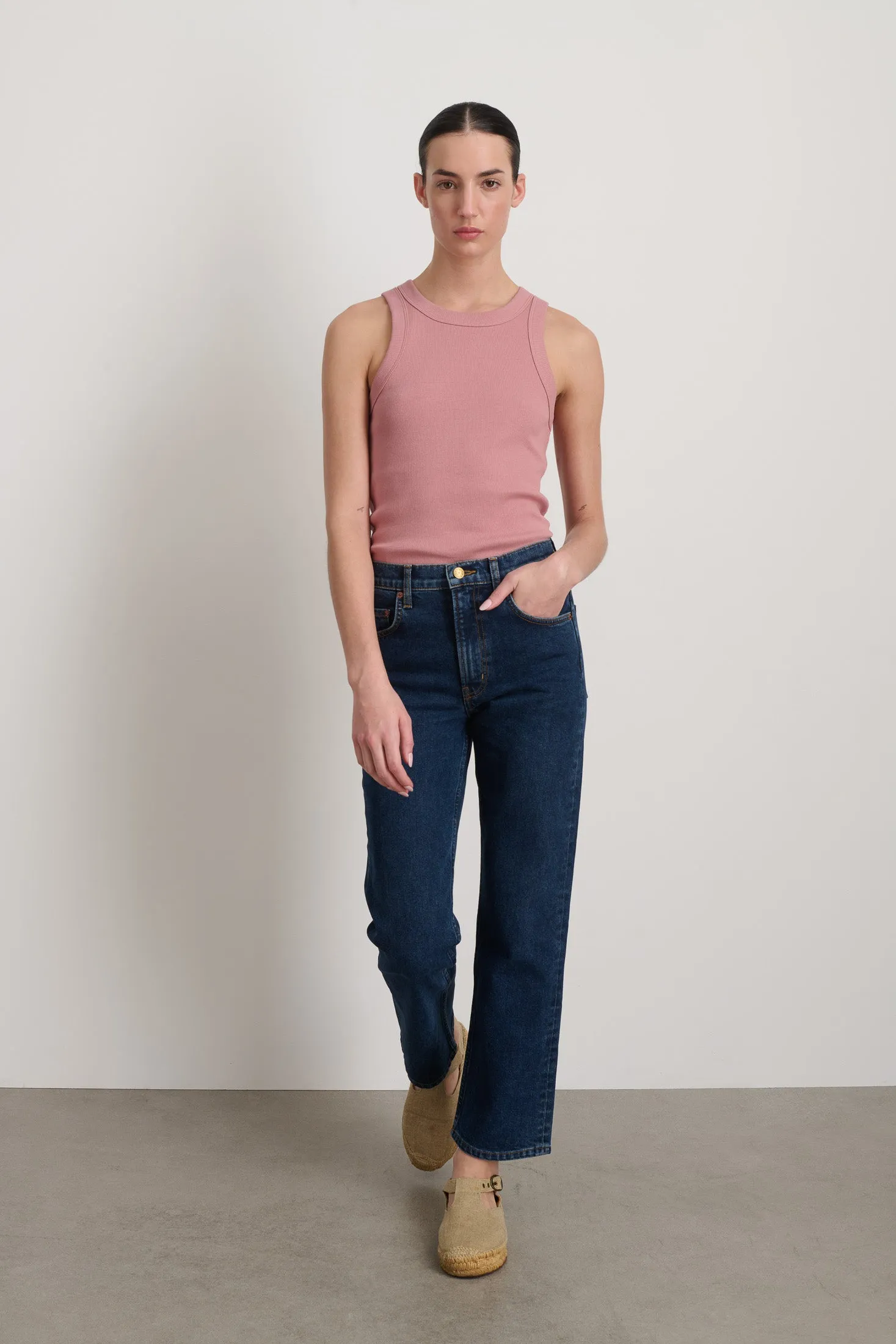 Rae Mid Rise Slim Stretch Crop Blue Rinse sold by B Sides Jeans