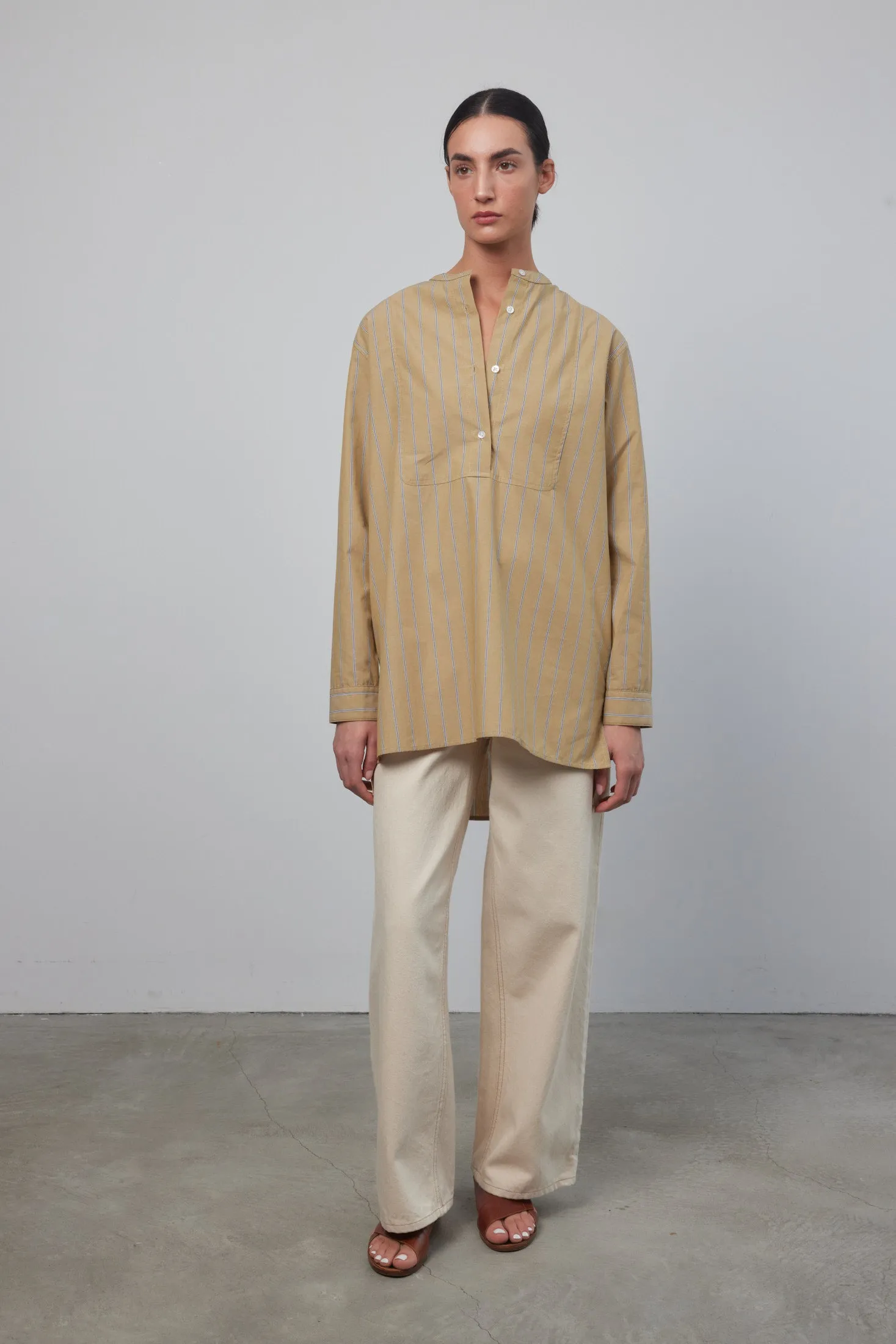 Artist Henley Khaki Yarn Dye Stripe sold by B Sides Jeans