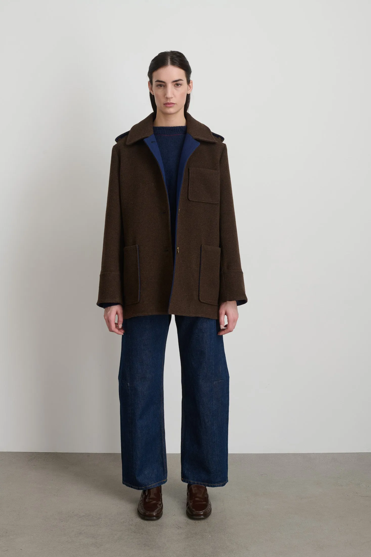 Tonne Wool Coat Marine/Brown Doubleface sold by B Sides Jeans