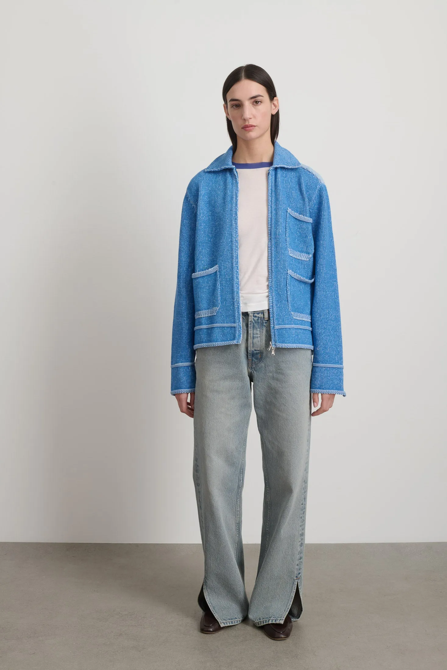 Hand Knit Sweater Jacket Blue/White sold by B Sides Jeans