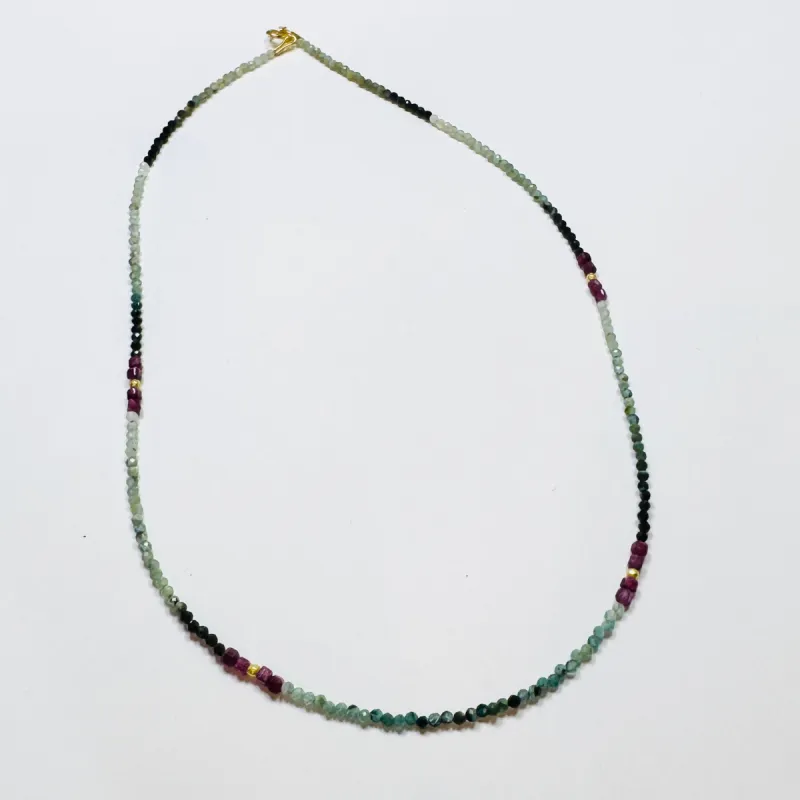 delicate teal tourmaline necklace with ruby and gold nuggets sold by Theodosia