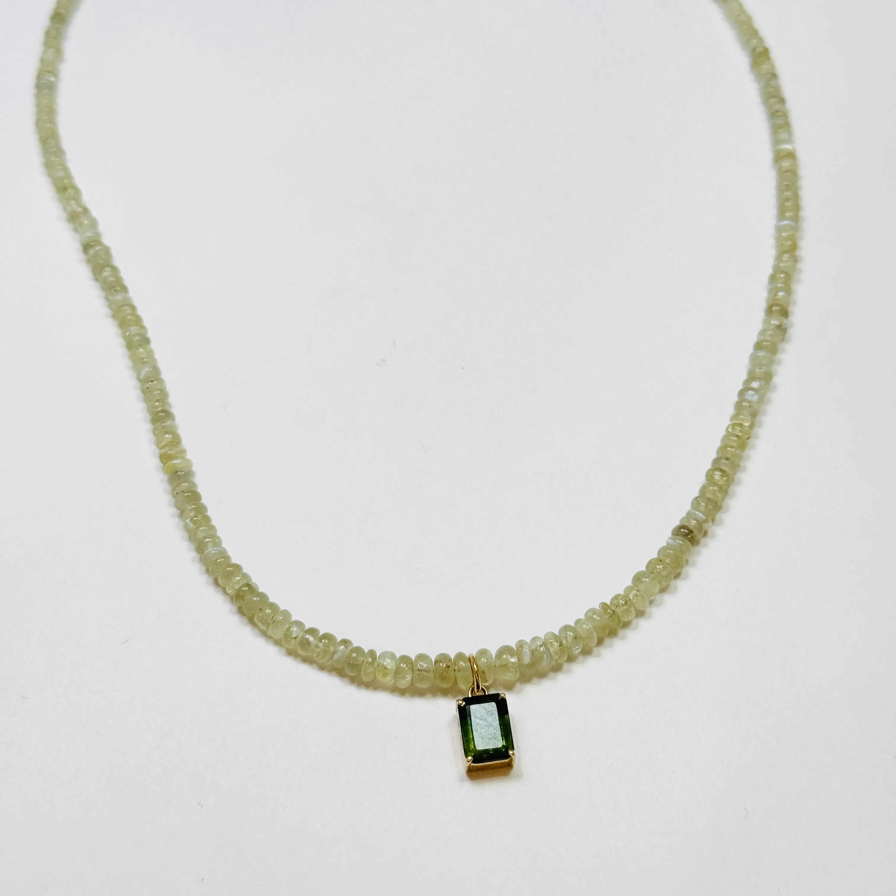 Prehnite necklace with Hessonite garnet and enamel bead sold by Theodosia