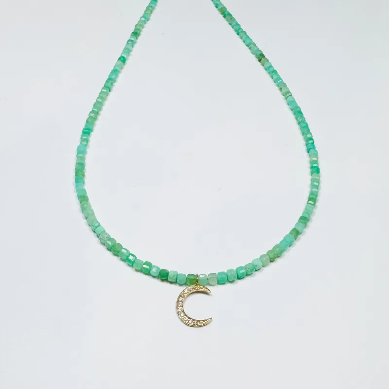 delicate block chrysoprase necklace with diamond moon charm sold by Theodosia