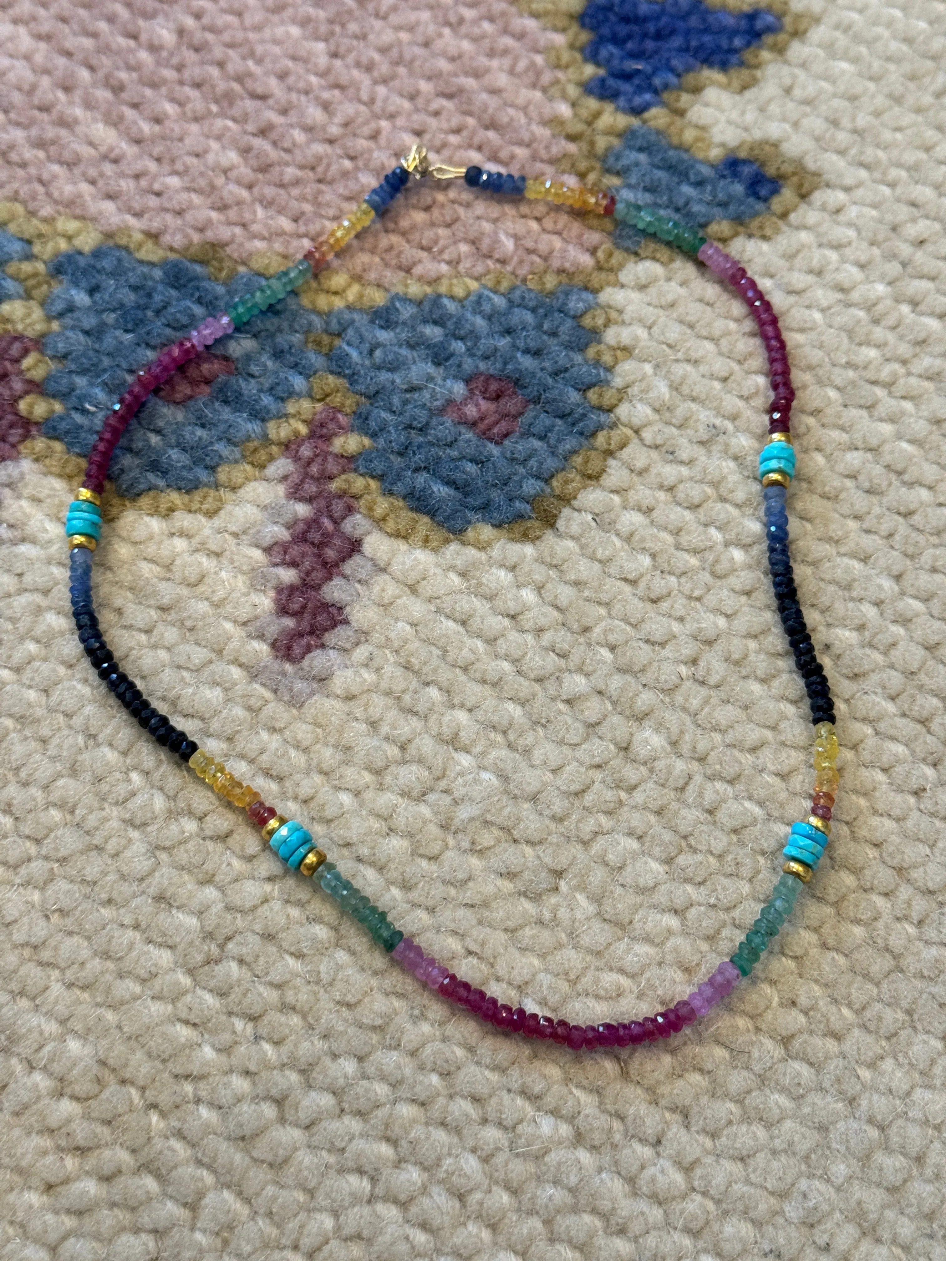 sapphire necklace with turquoise and gold beads sold by Theodosia