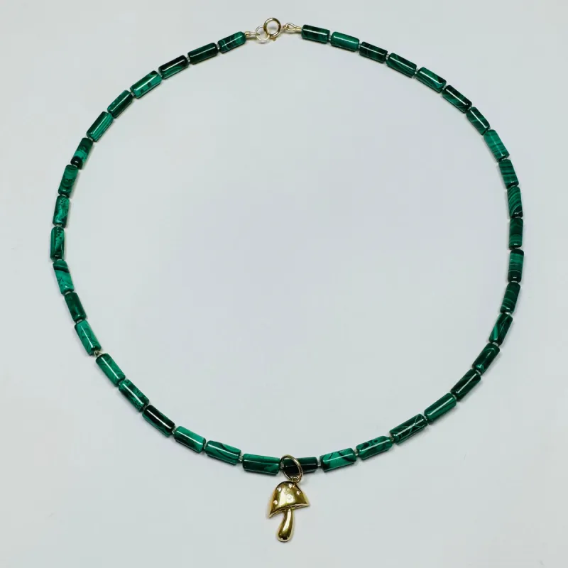 mushroom on malachite tube necklace sold by Theodosia