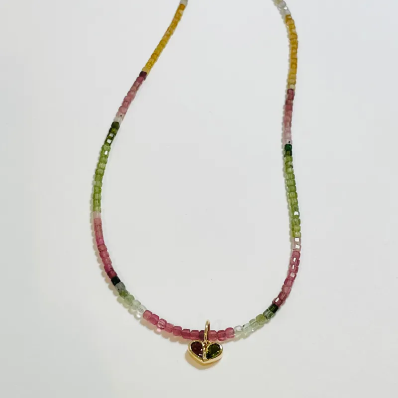 delicate blocked shaded watermelon tourmaline necklace with tourmaline charm sold by Theodosia