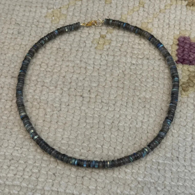 smooth heishi cut labradorite candy necklace sold by Theodosia