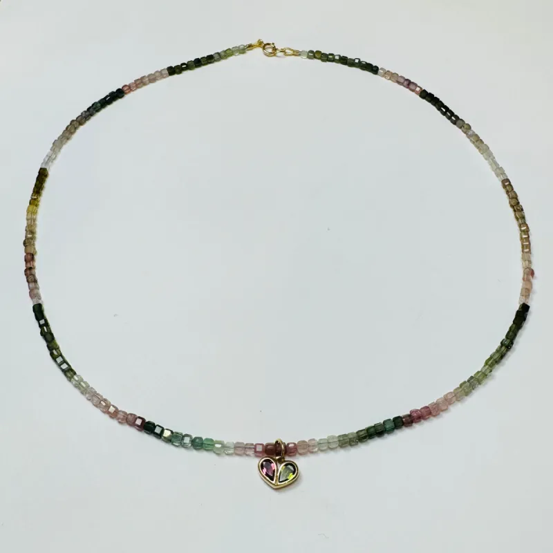 delicate blocked shaded watermelon tourmaline necklace with tourmaline heart charm sold by Theodosia