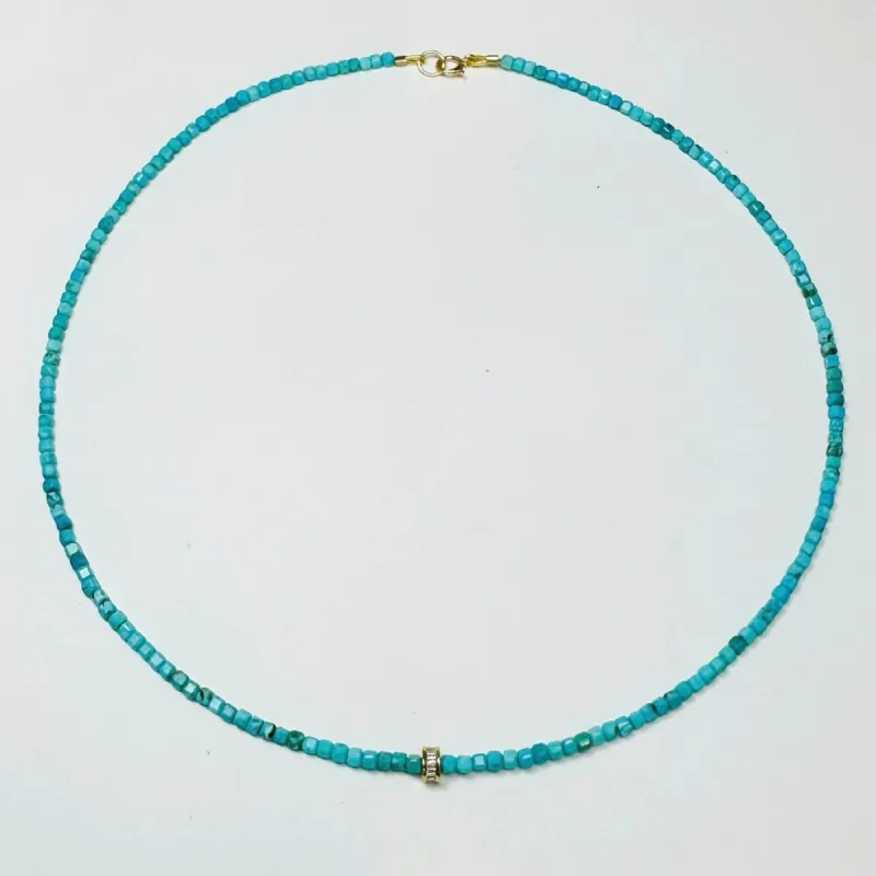 delicate block turquoise necklace with diamond barrel sold by Theodosia