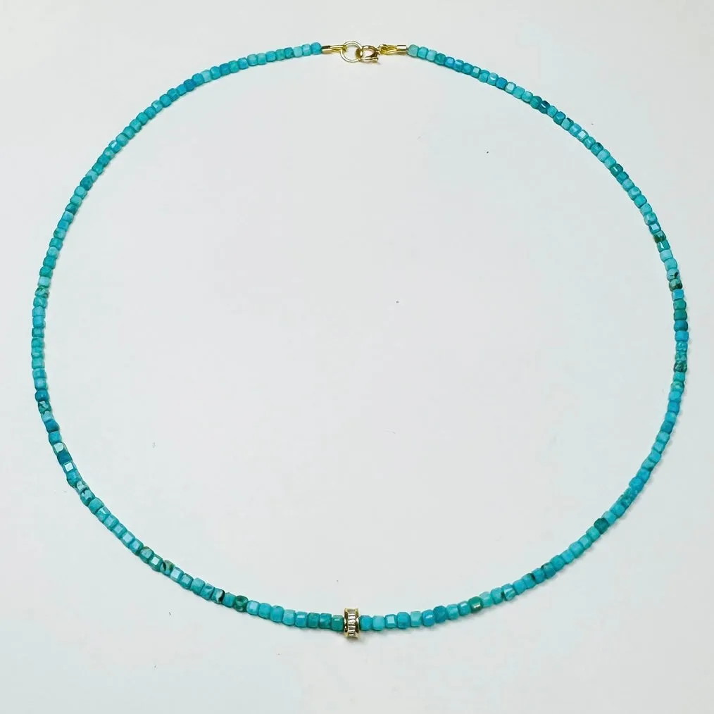 delicate block turquoise necklace with diamond barrel sold by Theodosia