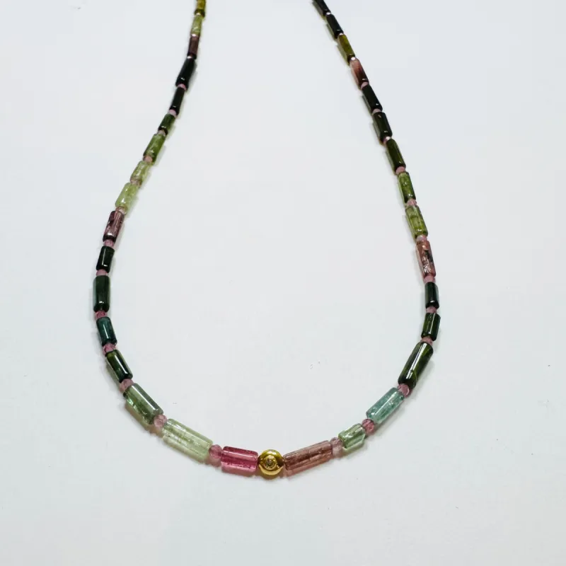 tube tourmaline necklace with garnet heishi, one station sold by Theodosia