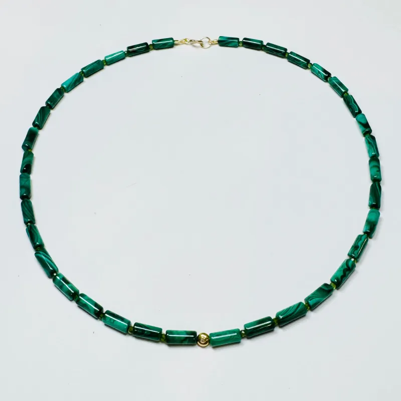 tube malachite necklace with diamond bead sold by Theodosia