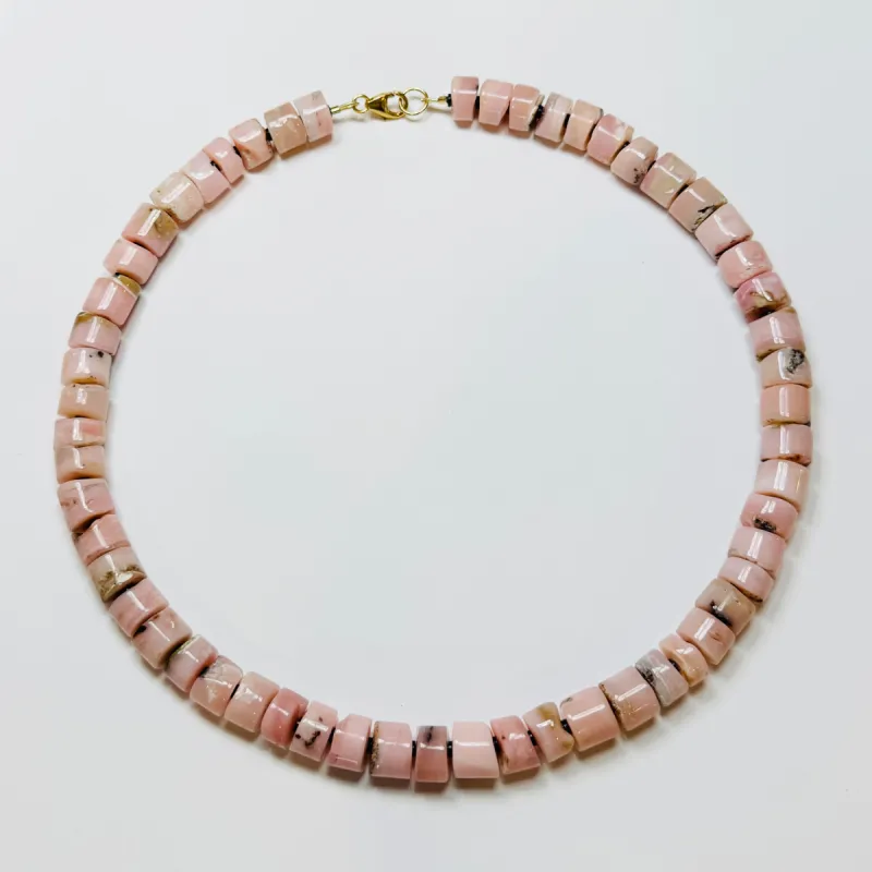 natural pink opal heishi cut candy necklace sold by Theodosia