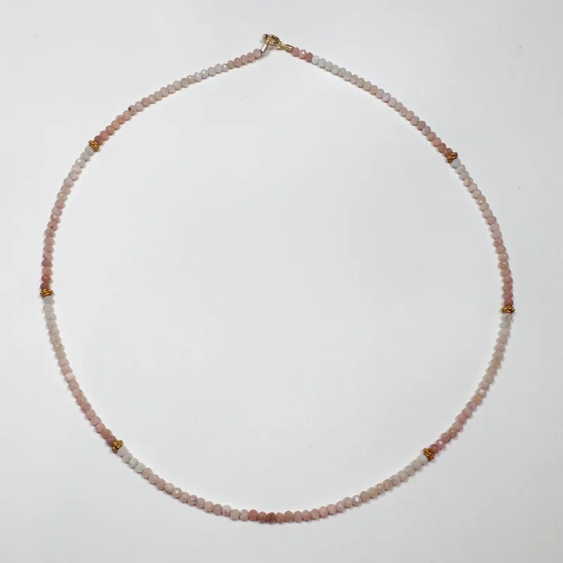 delicate pink opal necklace with gold beads sold by Theodosia
