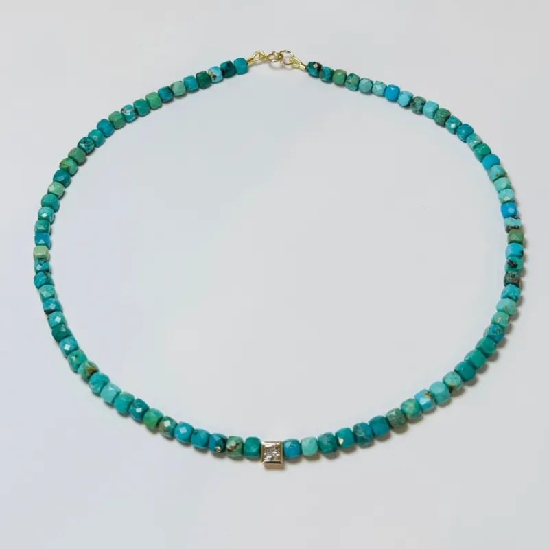 turquoise cube necklace with square diamond sold by Theodosia