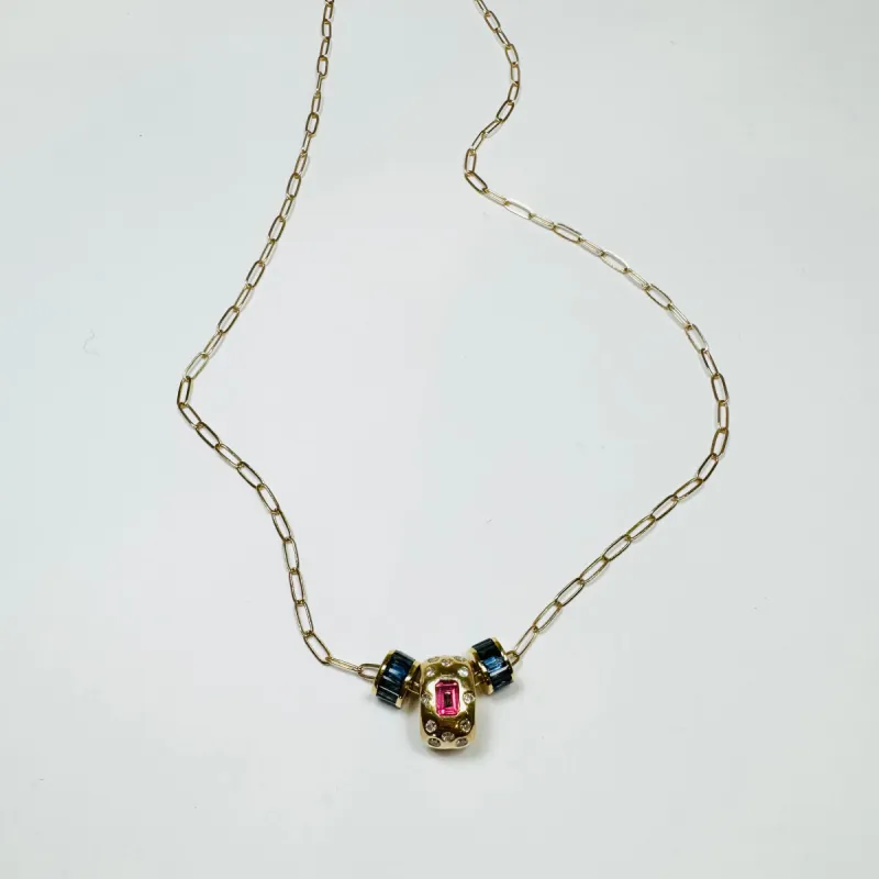14 kt gold chain with misc beads, pink and blue sapphire sold by Theodosia