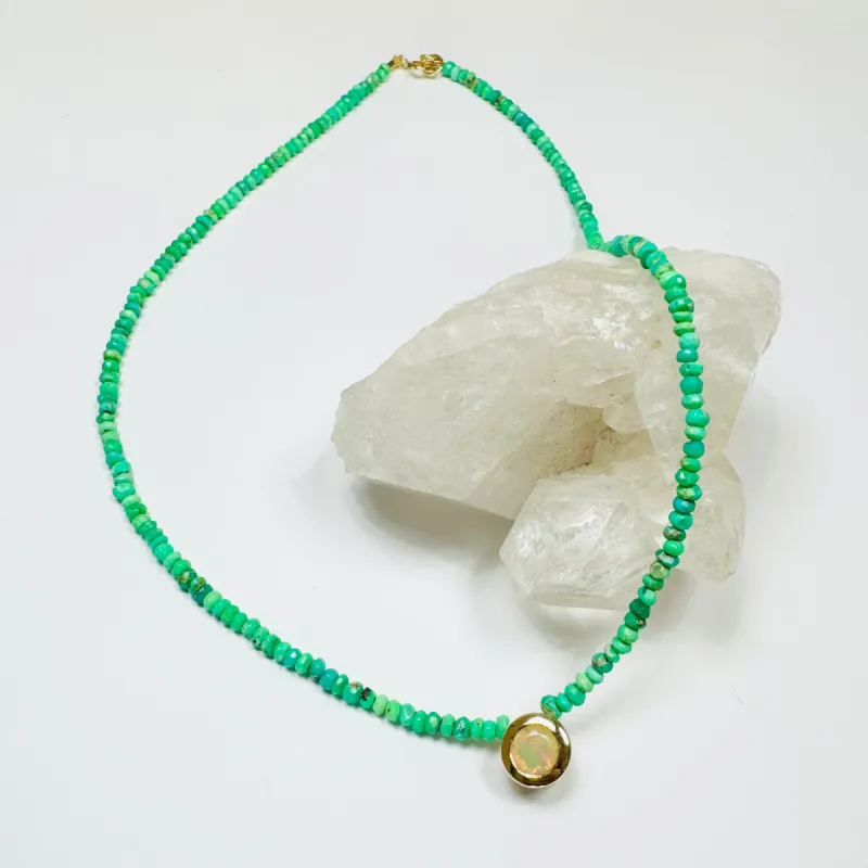 green turquoise necklace with bezel opal sold by Theodosia