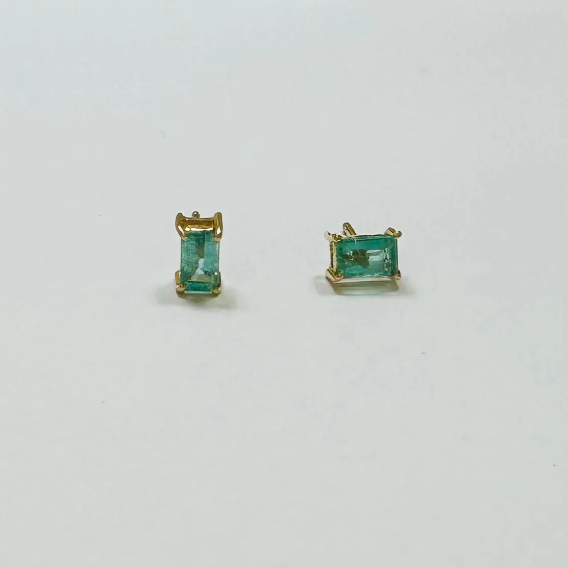 Celadon emerald baguette studs sold by Theodosia