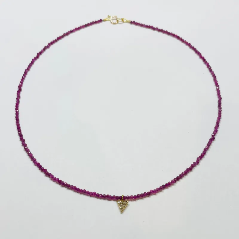 delicate ruby necklace with triangle charm sold by Theodosia