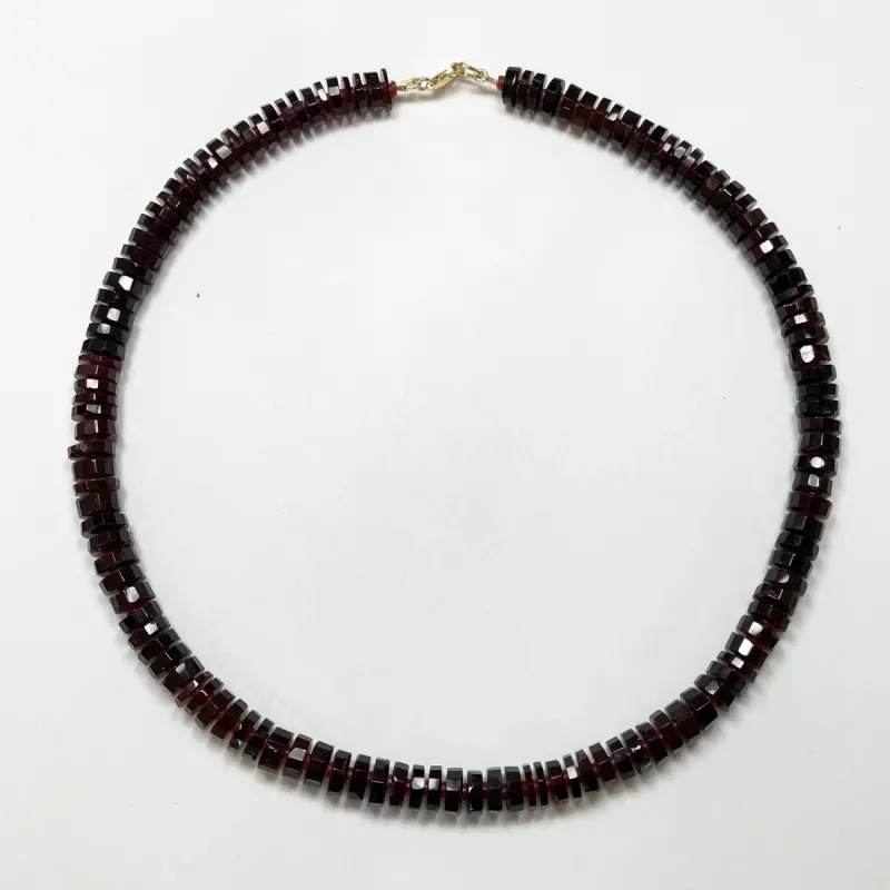 garnet heishi necklace with spacers sold by Theodosia