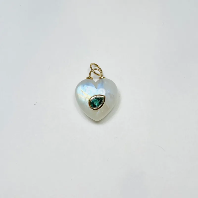puffy moonstone heart pendant with emerald sold by Theodosia