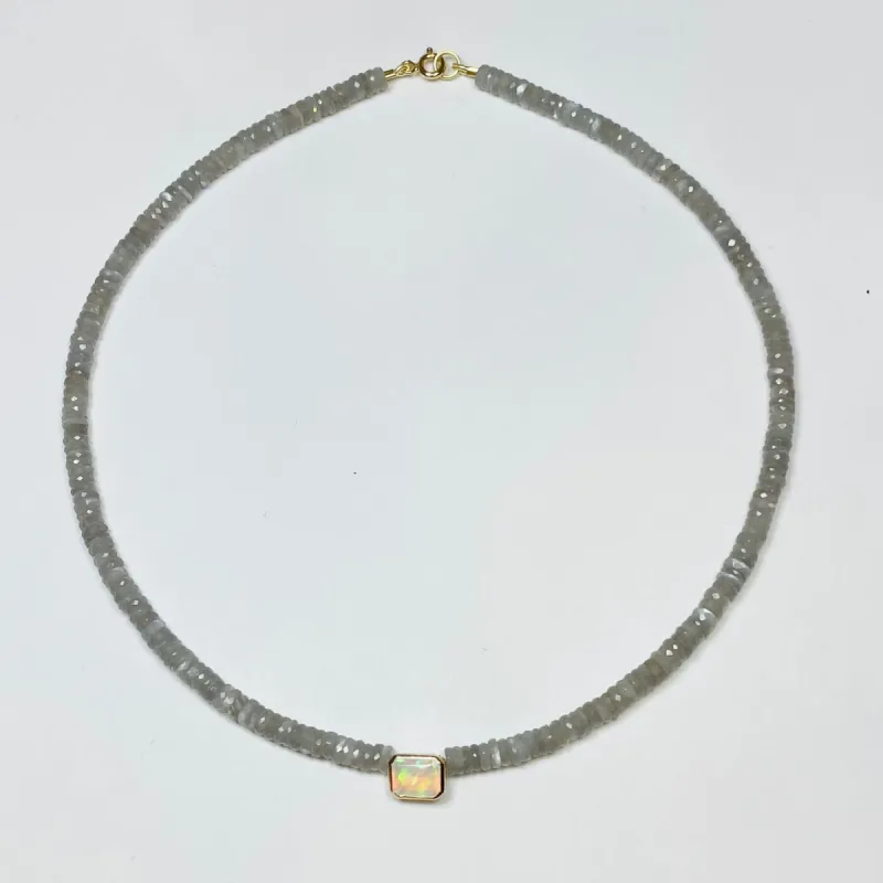 gray moonstone heishi necklace with bezel opal sold by Theodosia