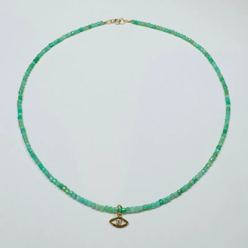 delicate chrysoprase necklace with evil eye charm sold by Theodosia