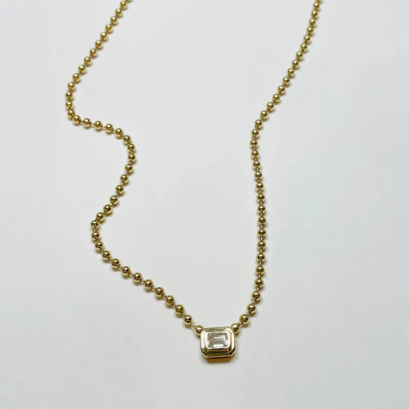 stepped bezel set diamond on ball chain necklace sold by Theodosia