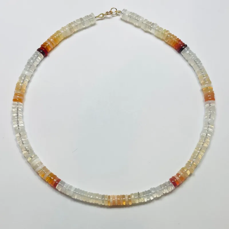 fire opal heishi necklace made by Theodosia