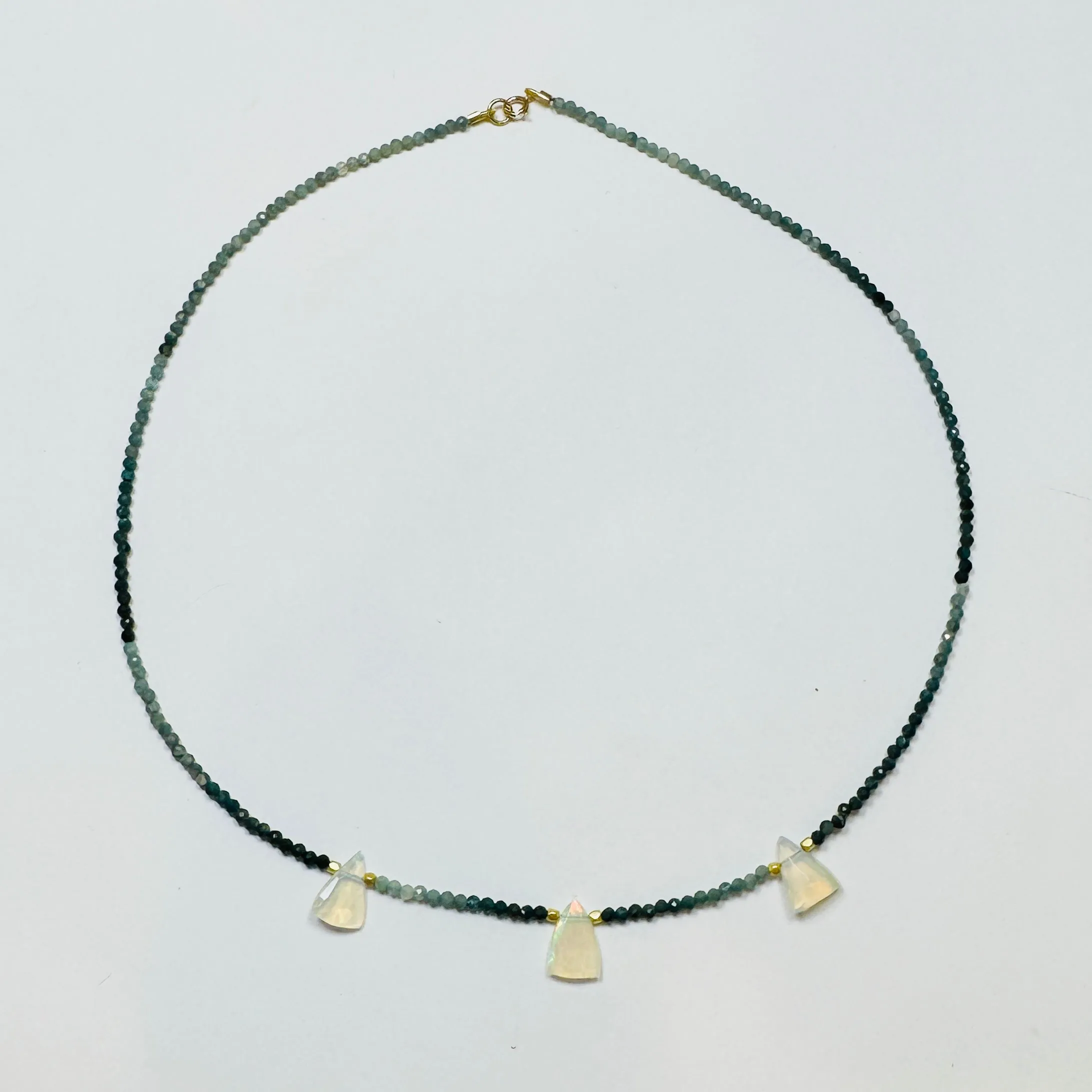delicate teal turmaline necklace with triange opals sold by Theodosia
