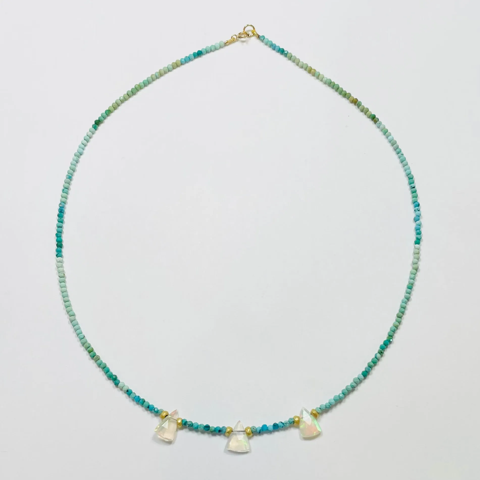 delicate turquoise necklace with triange opals sold by Theodosia