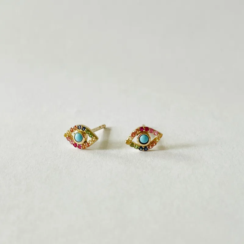 rainbow and turquoise evil eye studs sold by Theodosia
