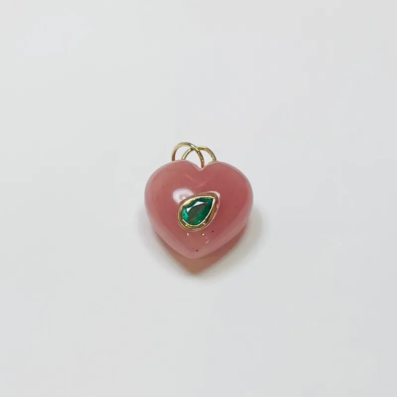 puffy rhodochrosite heart pendant with 14 kt gold bezel emerald sold by Theodosia