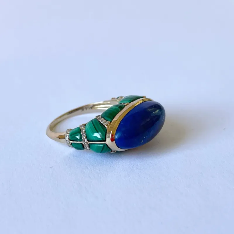 lapis, malachite, and diamond gold statement ring sold by Theodosia