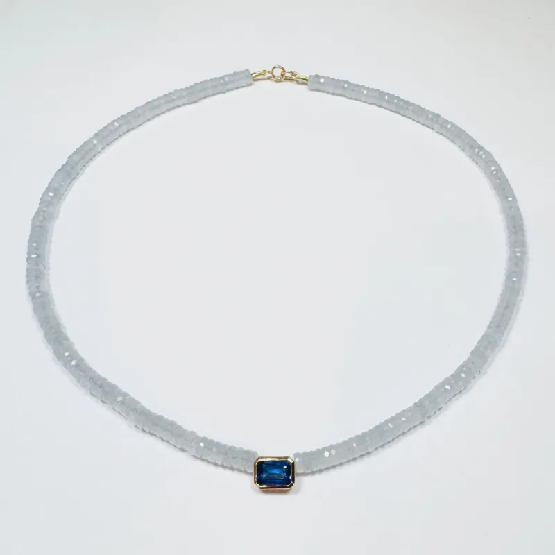 lavender chalcedony heishi necklace with bezel set iolite sold by Theodosia