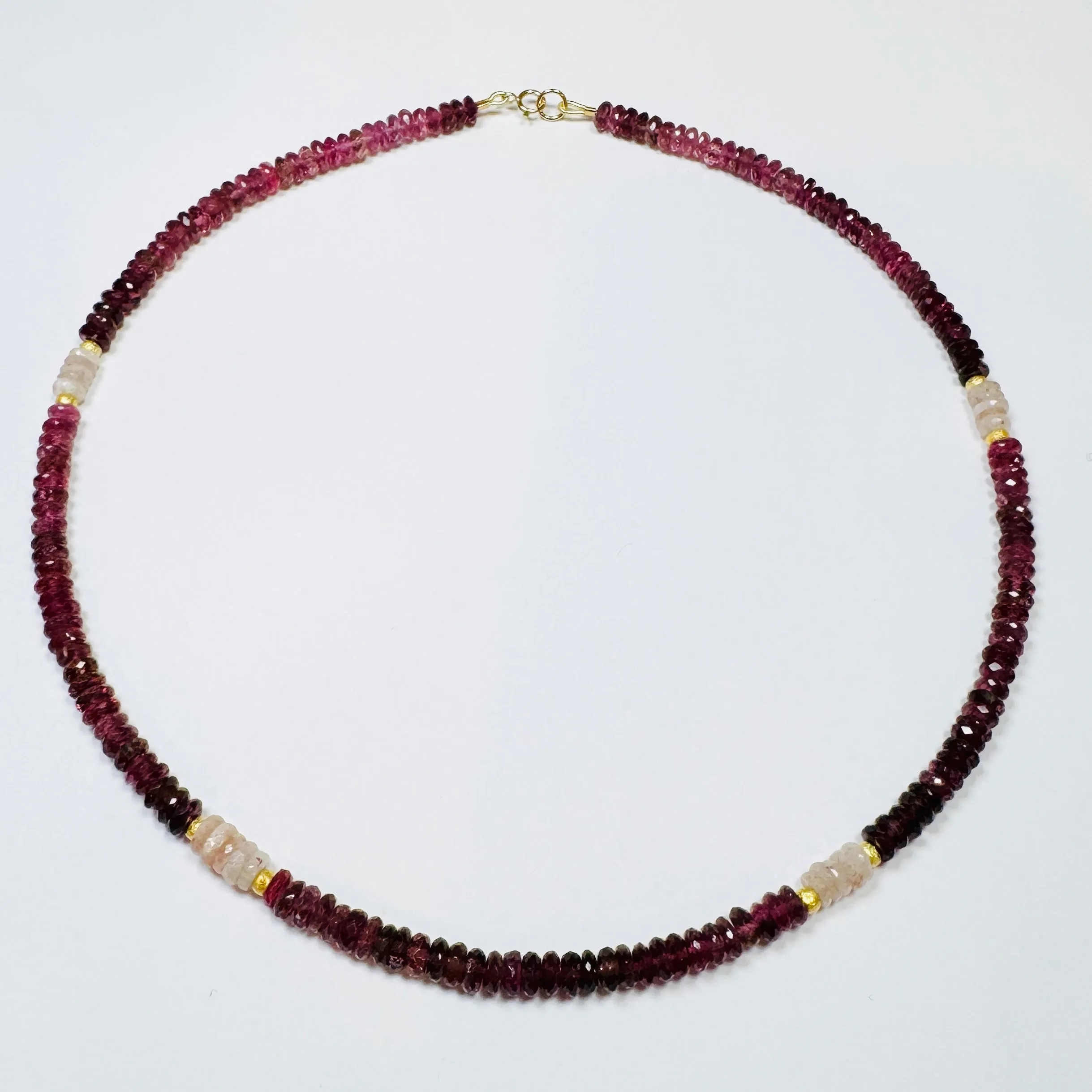 pink tourmaline necklace with pink opal and 14 k gold beads sold by Theodosia